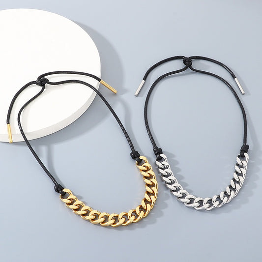 Kemstone Titanium Steel Cuban Link Necklace for Men,Black Wax Cord Western Style Gold Silver KN290590-Z