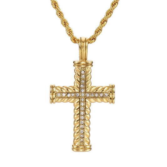 Kemstone Titanium Steel Wheat Cross Pendant Necklace – Rhinestone Detail Classic Style for Men KP119846-KJX