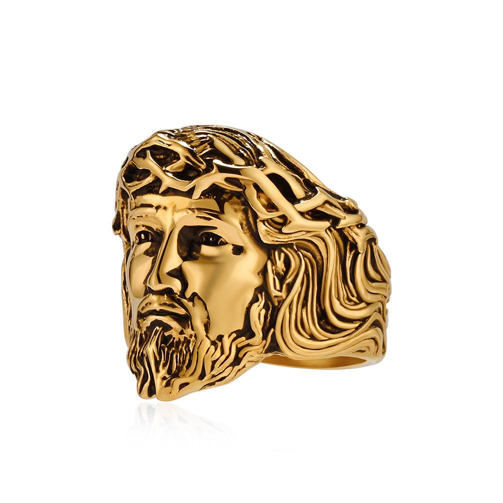 Kemstone Stainless Steel Vintage Portrait Ring for Men Sculpted Face Design K-R942