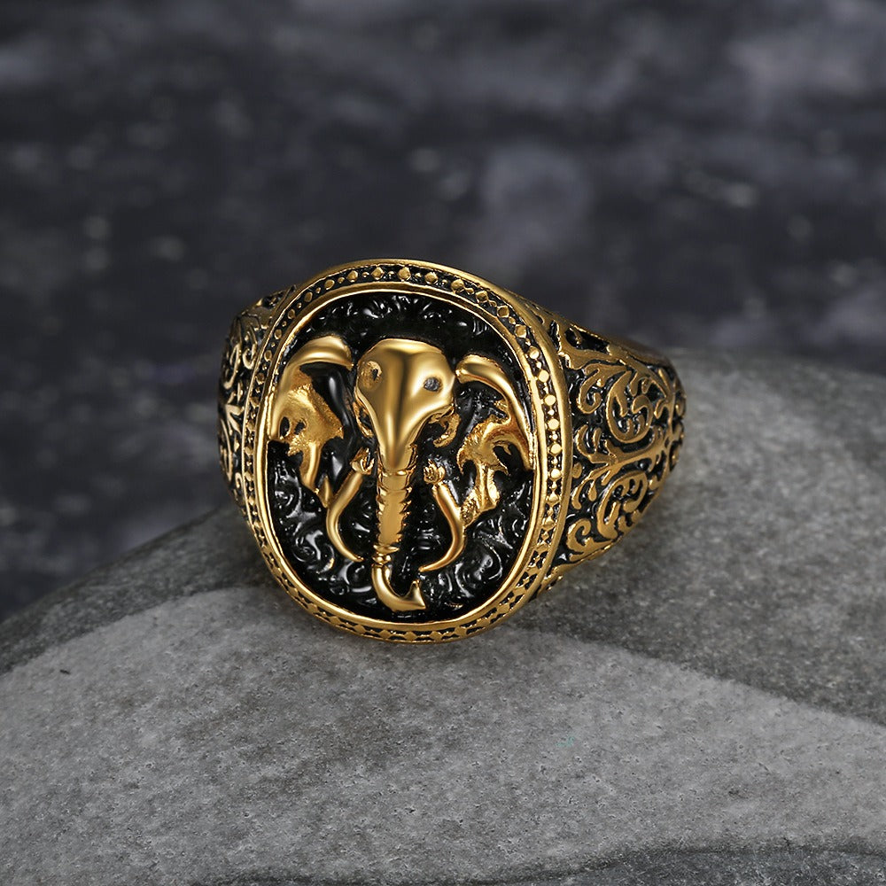 Kemstone Elephant Signet Ring for Men Stainless Steel Vintage Engraved TR0398