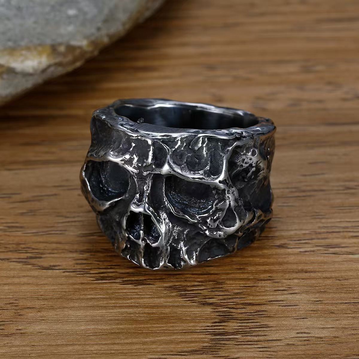 Kemstone Textured Skull Ring for Men Stainless Steel Wide Band TR0502