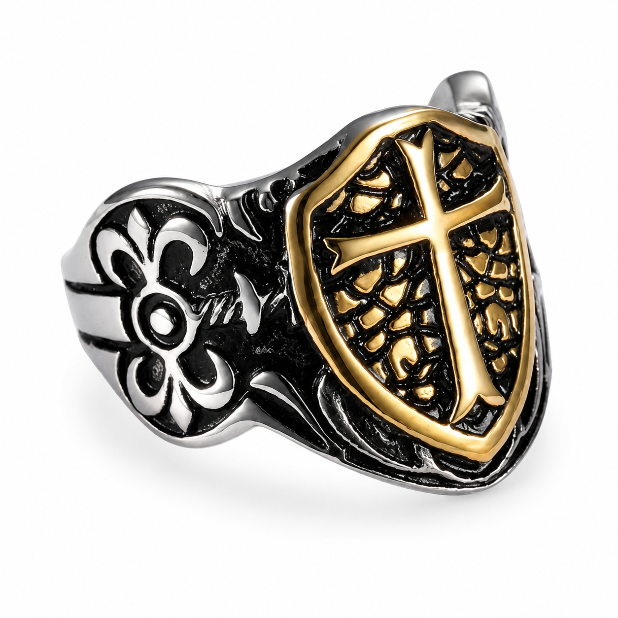 Kemston Titanium Steel Cross Shield Ring for Men Gothic TR0123