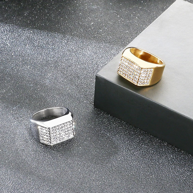 Kemstone Iced Signet Ring Titanium Steel Square Star Rhinestone Hip Hop for Men KR114477-MZOZ