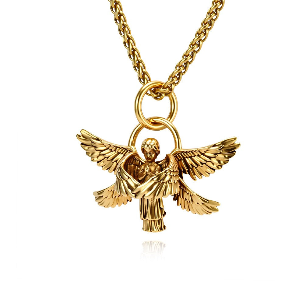 Kemstone Winged Figure Necklace for Men Stainless Steel Detailed Wing Chain Silver Gold K-PT709