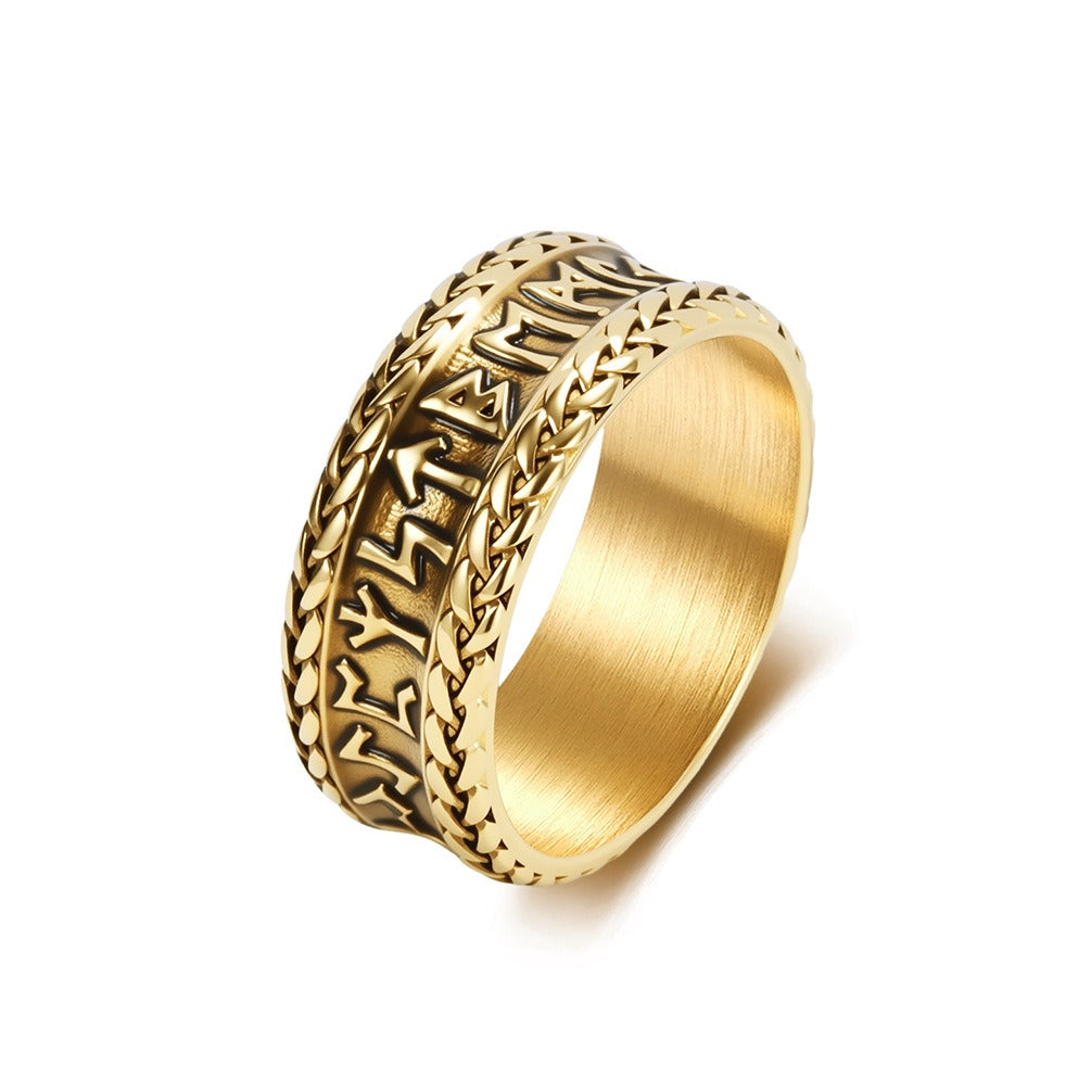 Kemstone Stainless Steel Viking Rune Ring for Men Wide Engraved Silver Gold Black K-R1151