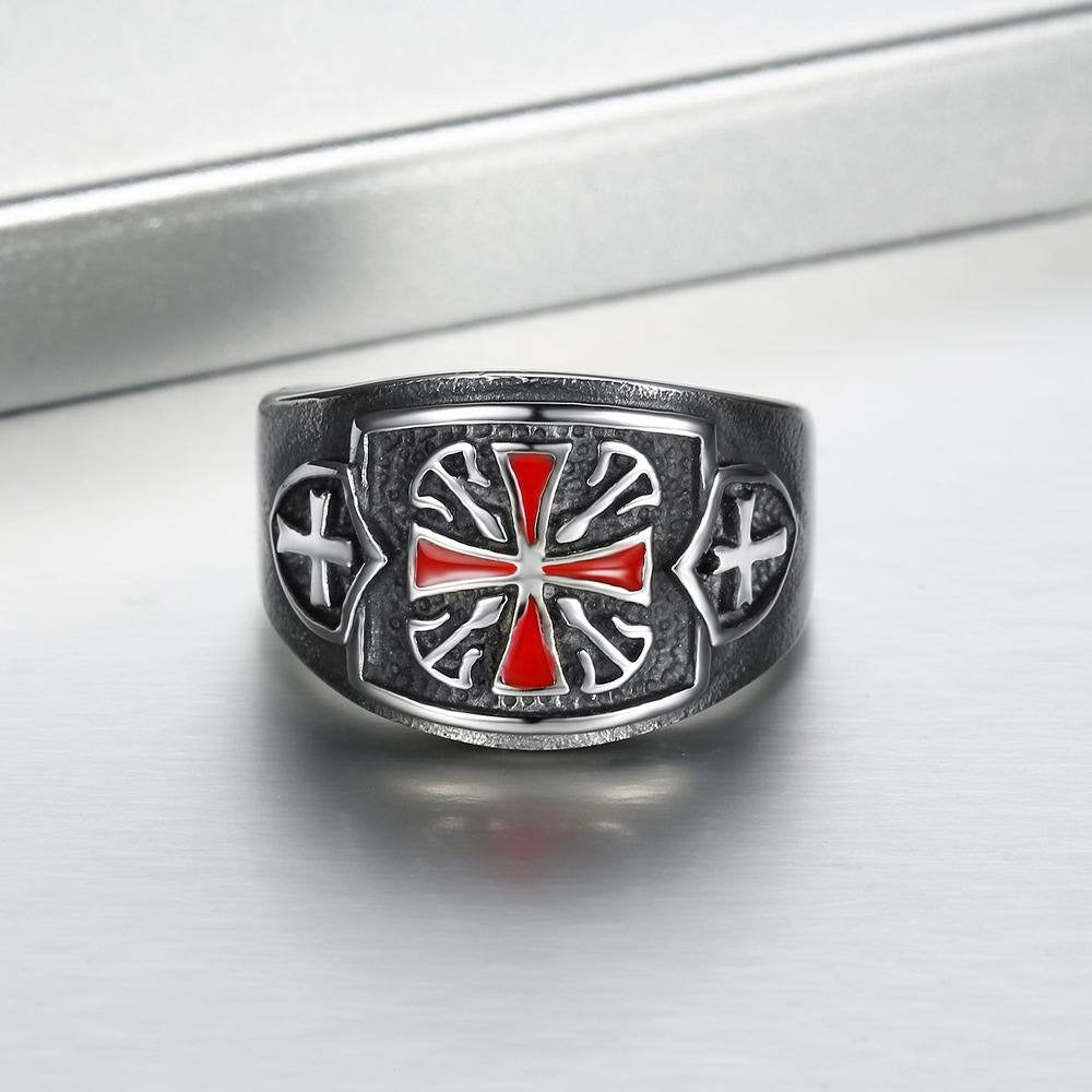 Kemstone Titanium Steel Cross Signet Ring for Men Red Accent TR0075