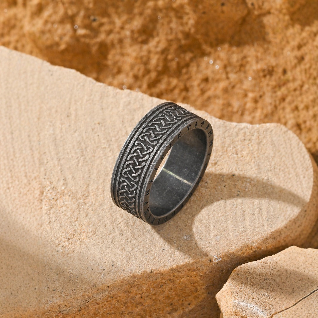 Kemstone Titanium Steel Engraved Band Ring for Men Vintage Letter Texture TR0424