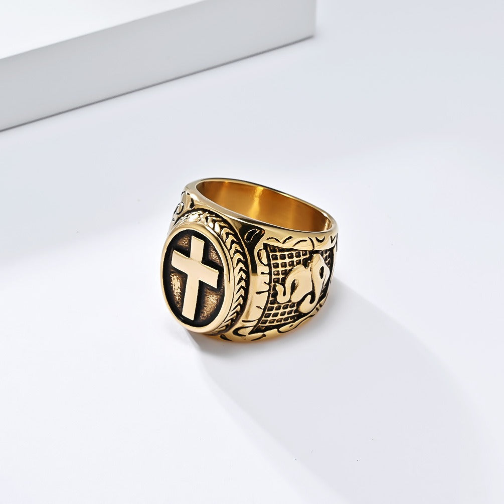 Kemstone Stainless Steel Vintage Cross Signet Ring for Men K-R958