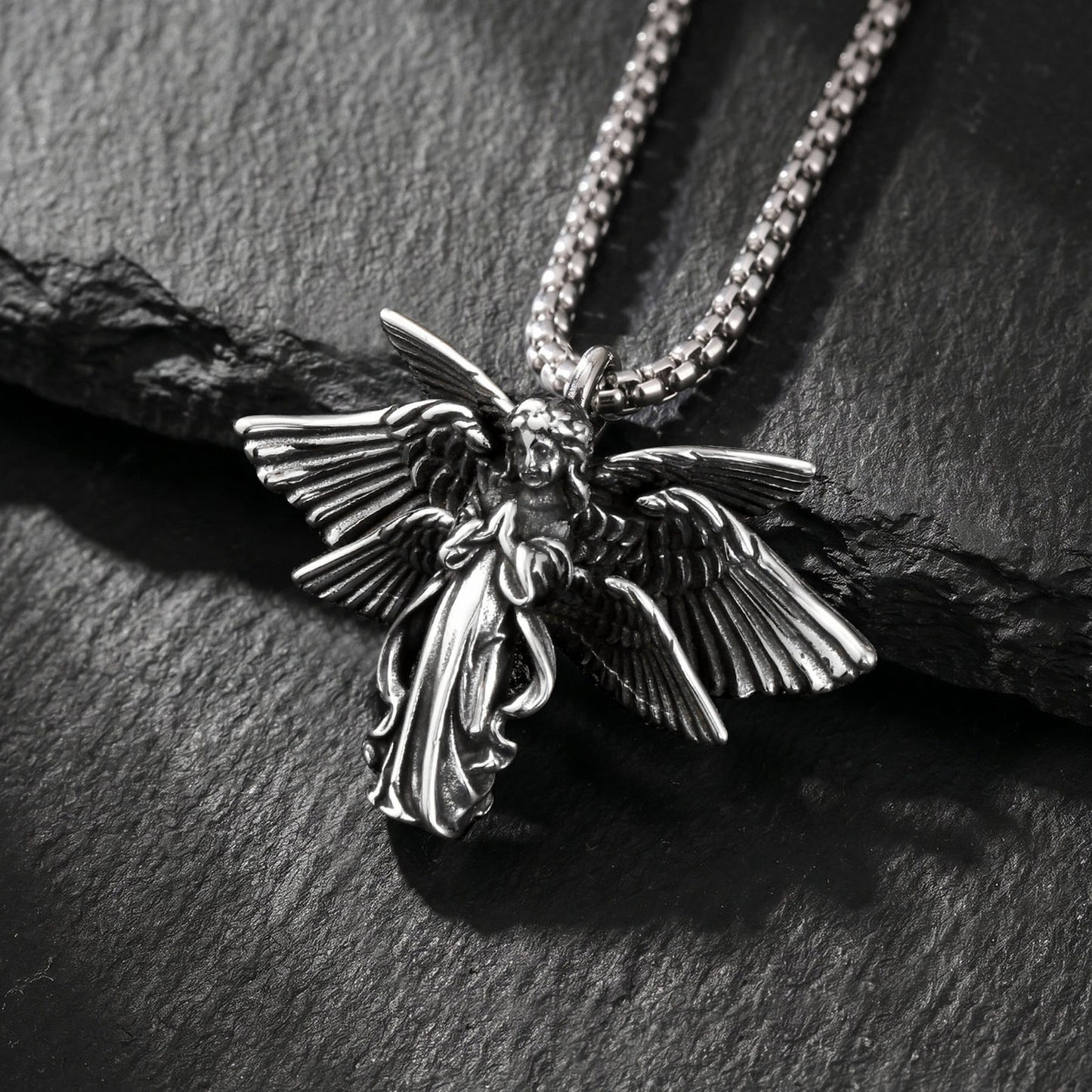 Kemstone Stainless Steel Wing Pendant Necklace for Men Vintage Gothic Silver PN2389