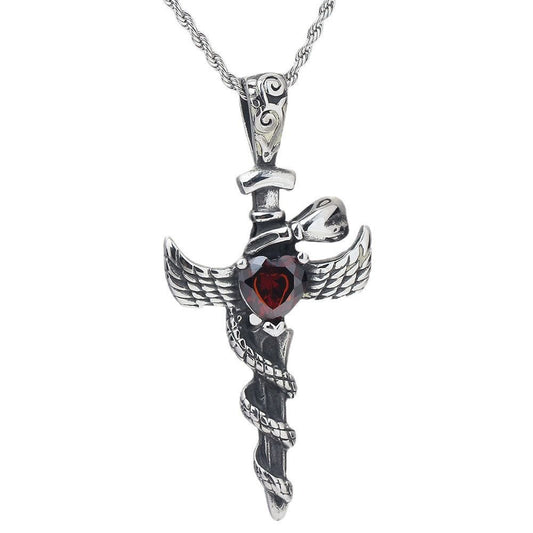 Kemstone Wing Cross Pendant Necklace for Men Titanium Steel Red Cubic Zirconia Vintage P1013