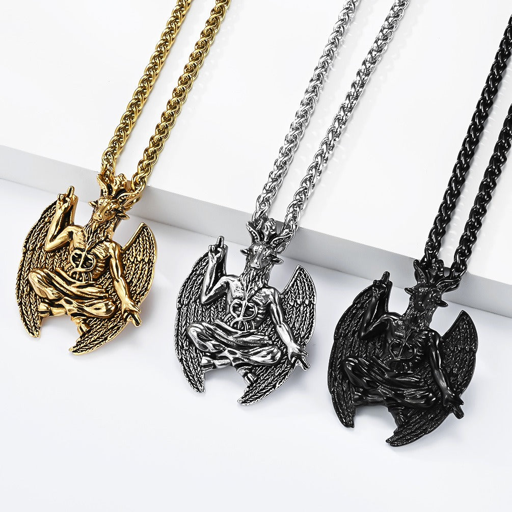 Kemstone Stainless Steel Goat Pendant Necklace for Men Gothic Winged Design K-PT715
