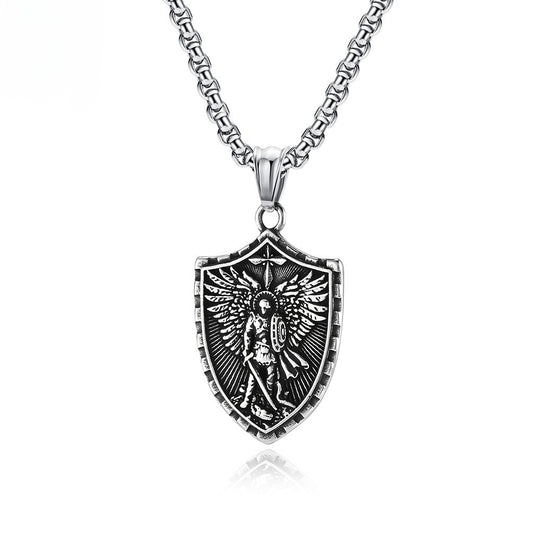 Kemstone Winged Shield Stainless Steel Pendant Necklace for Men – Vintage Relief Cross-Form Design K-PT515