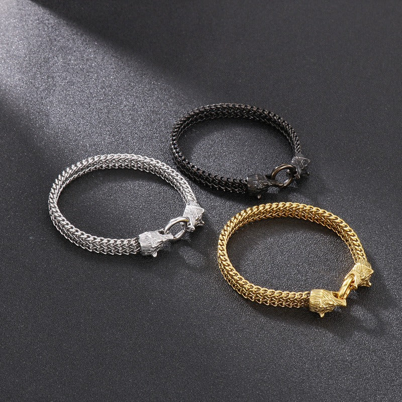 Kemstone Double Wolf Head Bracelet – Titanium Steel Braided Chain Hip Hop Style for Men KB151774-KFC