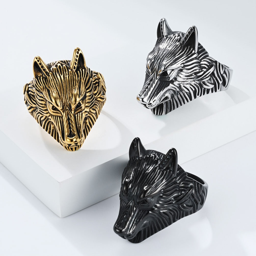 Kemston Stainless Steel Wolf Head Signet Ring for Men Gothic Viking Animal Jewelry K-R1086