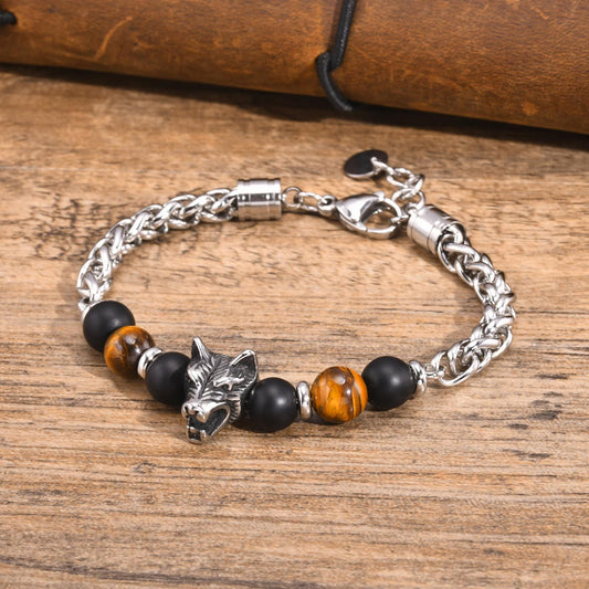 Kemstone Wolf Head Bracelet for Men Stainless Steel Tiger Eye Bead Bracelet BR-1904