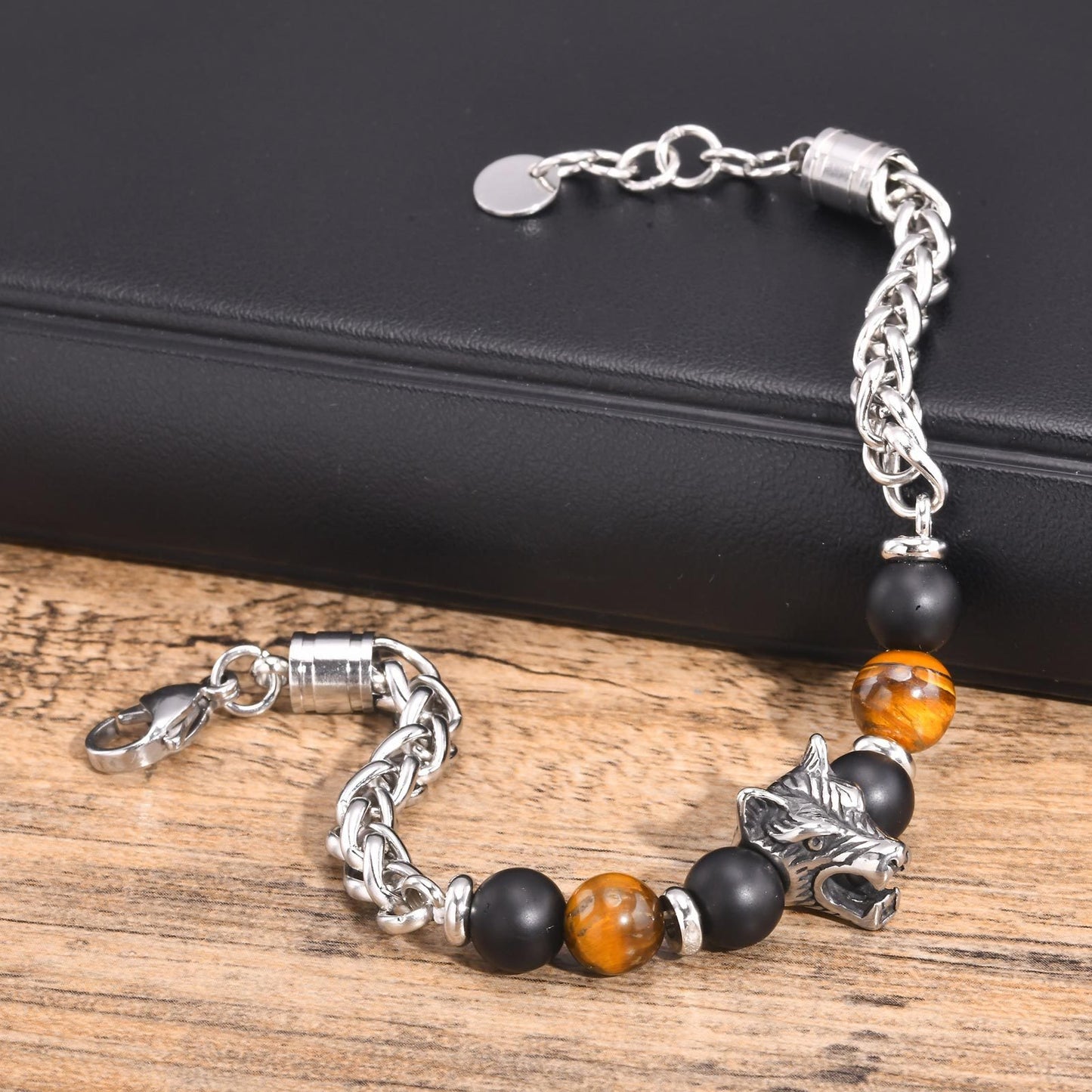 Kemstone Wolf Head Bracelet for Men Stainless Steel Tiger Eye Bead Bracelet BR-1904