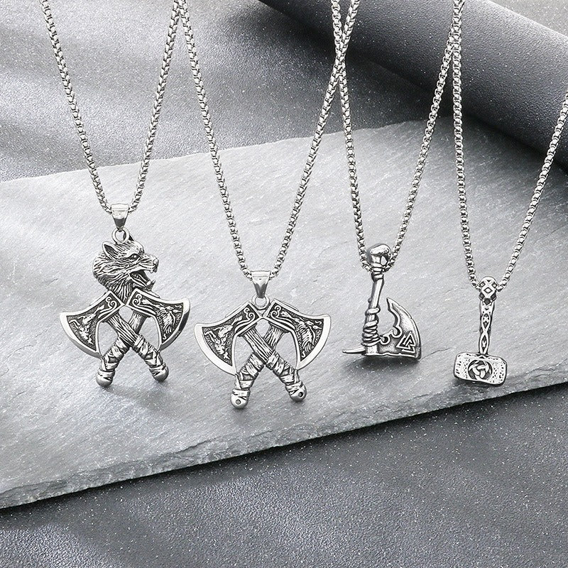 Kemstone Viking Axe Pendant Necklace Titanium Steel Wolf Head Celtic Knot Style for Men Silver KP117026-LU
