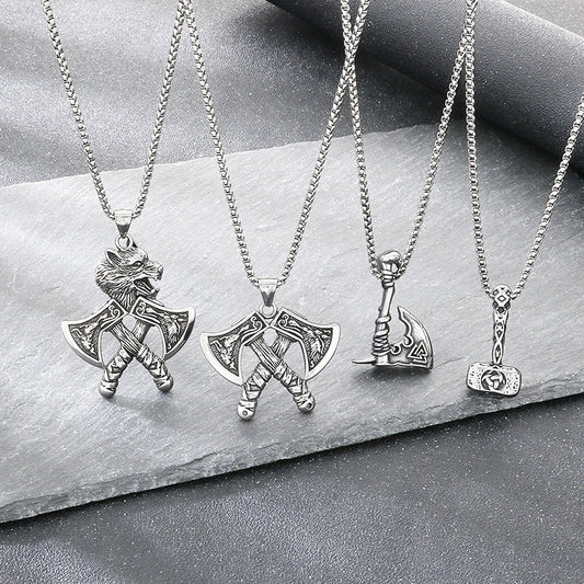 Kemstone Viking Axe Pendant Necklace Titanium Steel Wolf Head Celtic Knot Style for Men Silver KP117026-LU