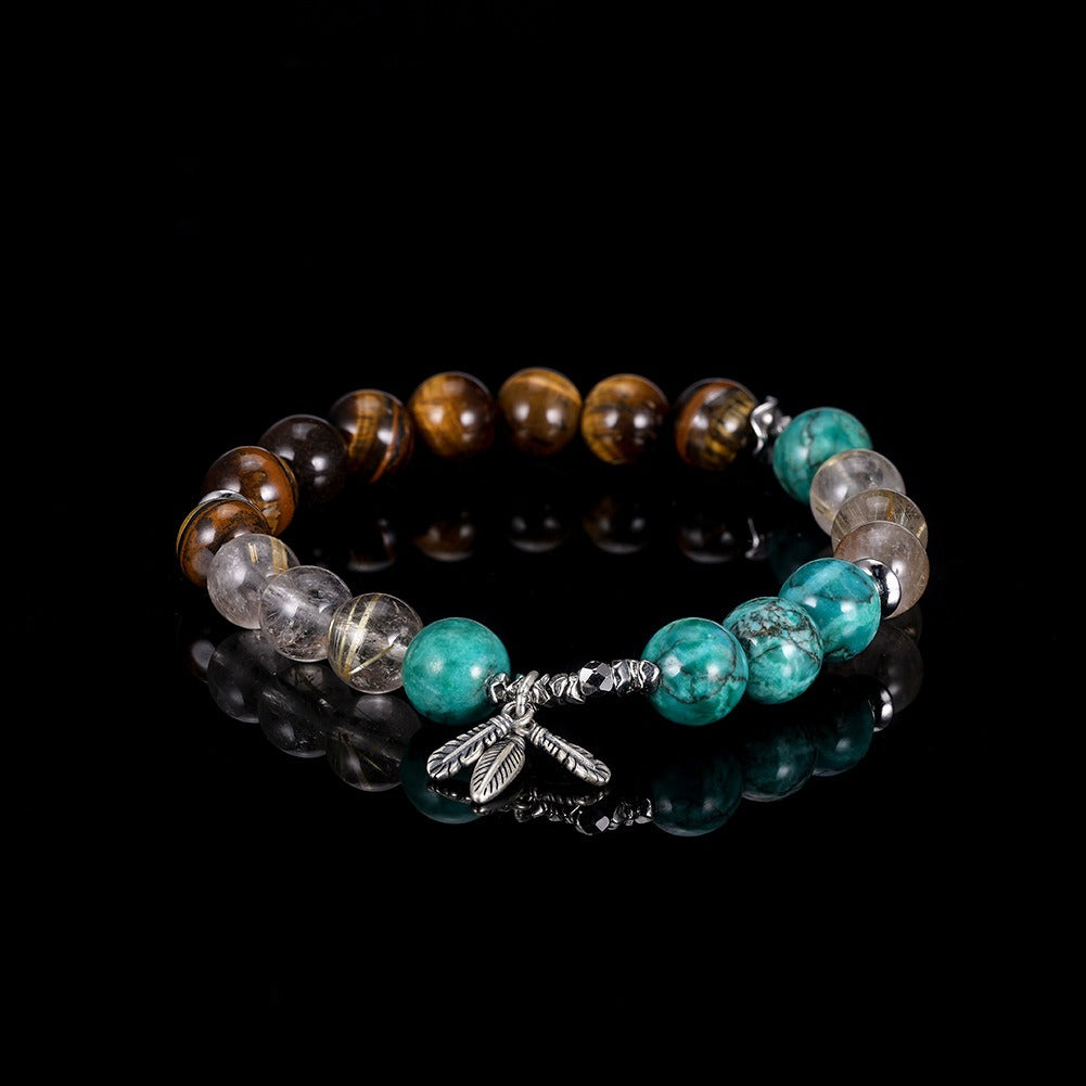Kemstone 925 Sterling Silver Natural Stone Beaded Bracelet for Women Tiger Eye Turquoise Feather Charm GMB91