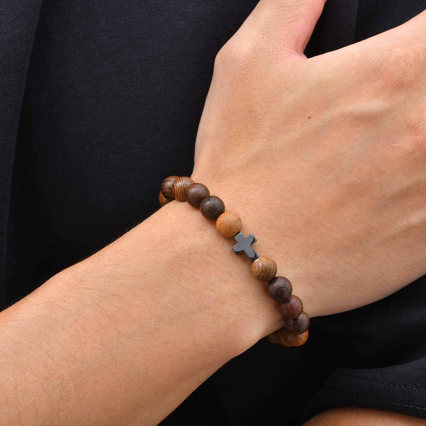 Kemston Wenge Wood Bead Cross Bracelet for Men & Women Black Stone Accent BR-3030