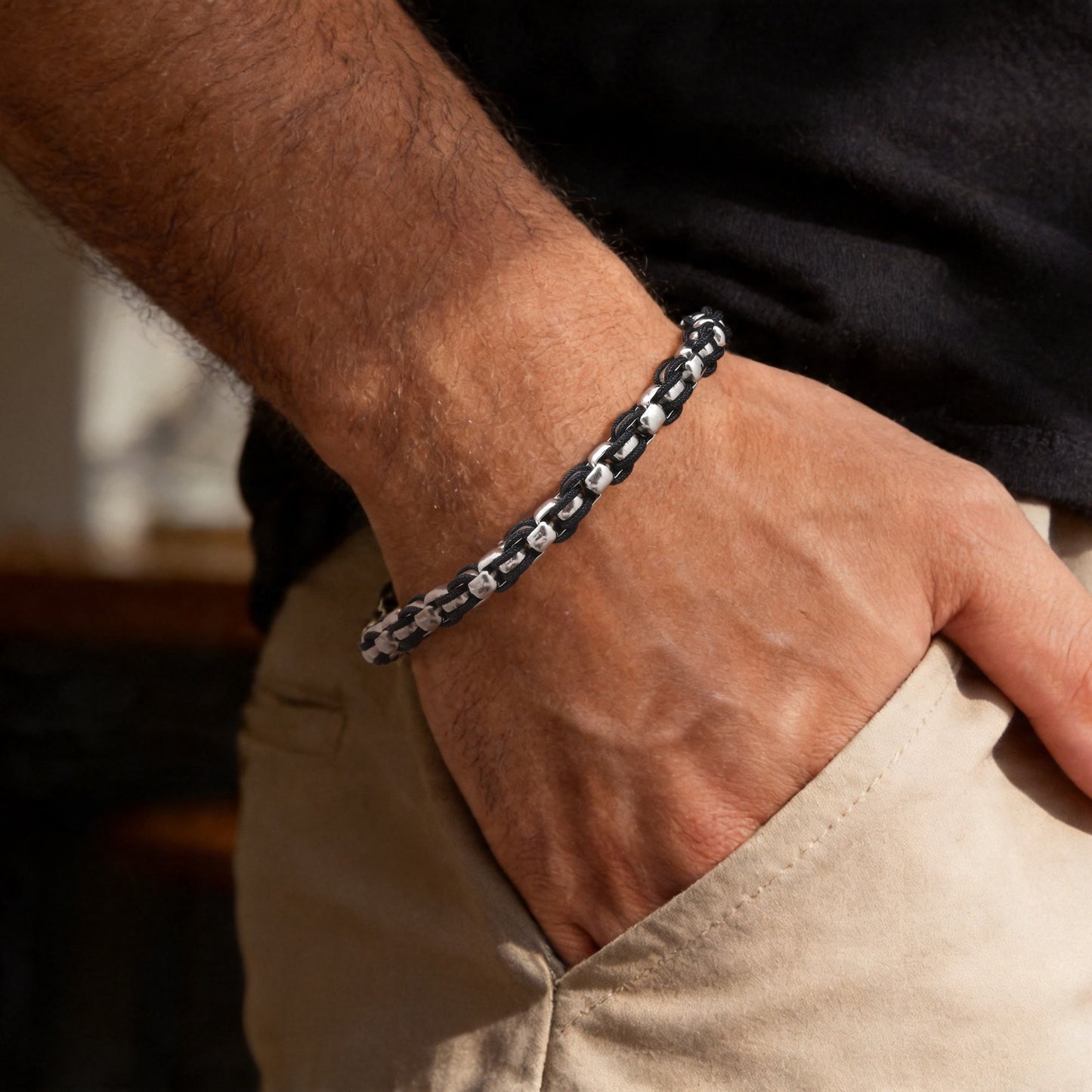 Kemstone Stainless Steel Braided Bracelet for Men Black Woven Chain Silver BR-3100