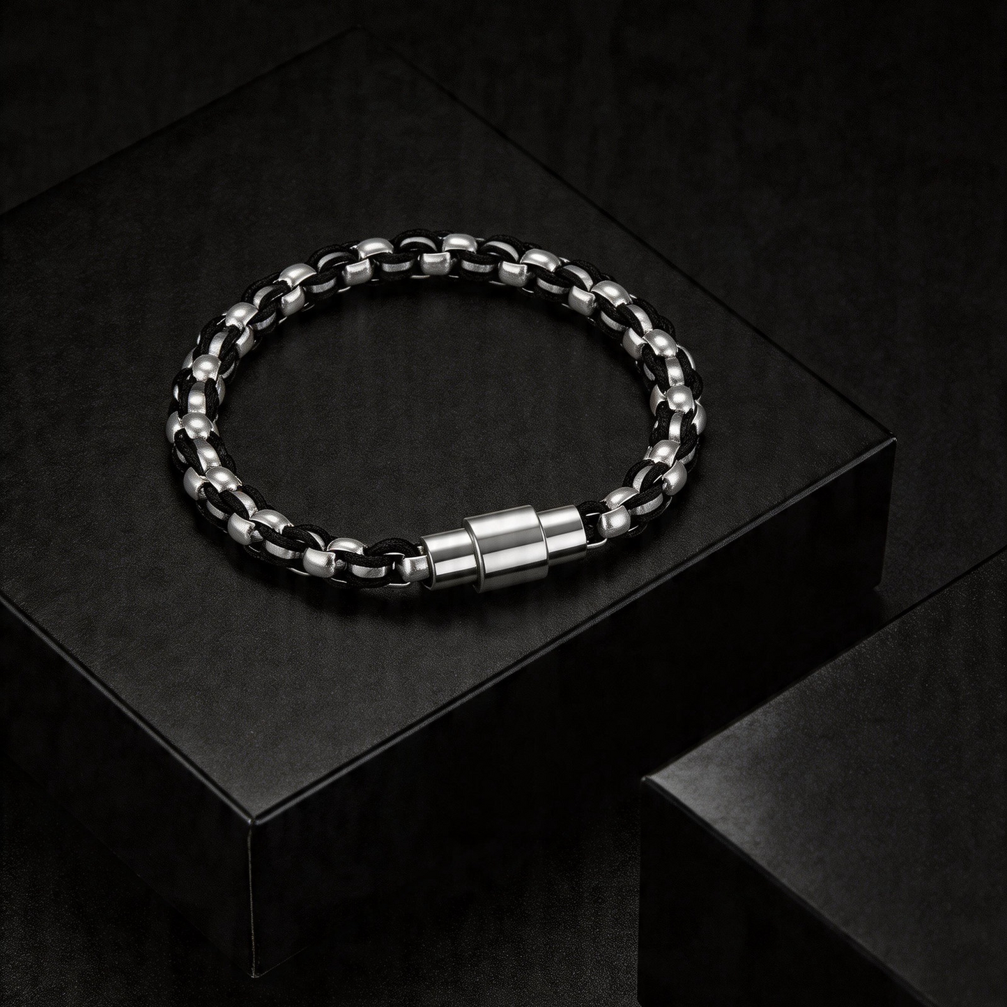 Kemstone Stainless Steel Braided Bracelet for Men Black Woven Chain Silver BR-3100