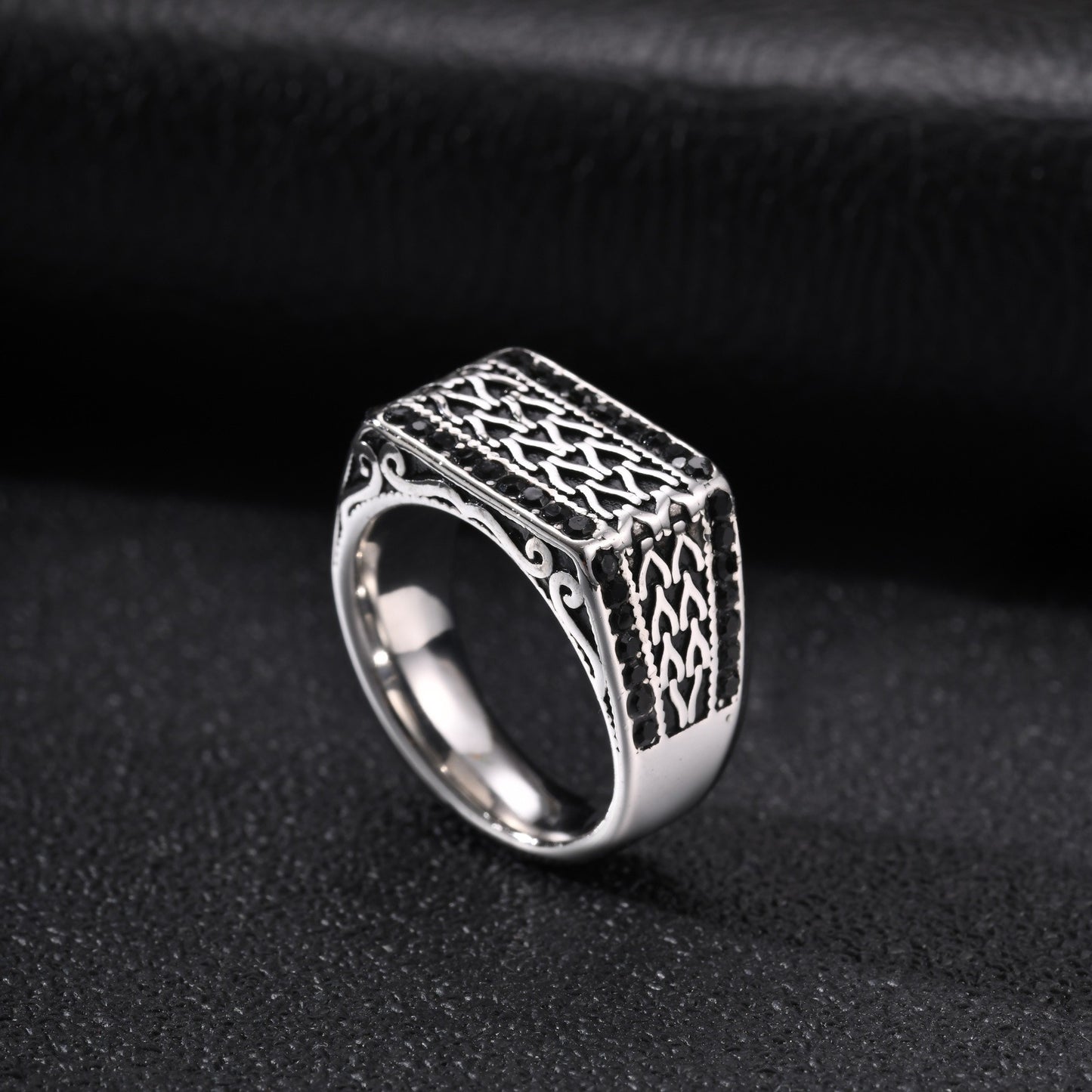 Kemston Stainless Steel Woven Chain Signet Ring for Men Black Cubic Zirconia Inlay Vintage RC-1134