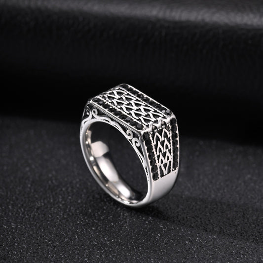 Kemston Stainless Steel Woven Chain Signet Ring for Men Black Cubic Zirconia Inlay Vintage RC-1134