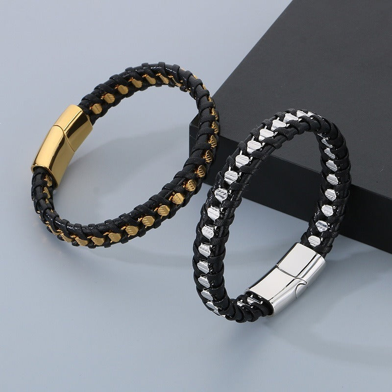 Kemstone Titanium Steel Braided Leather Strap Bracelet for Men Hip Hop Streetwear KB179967-YA