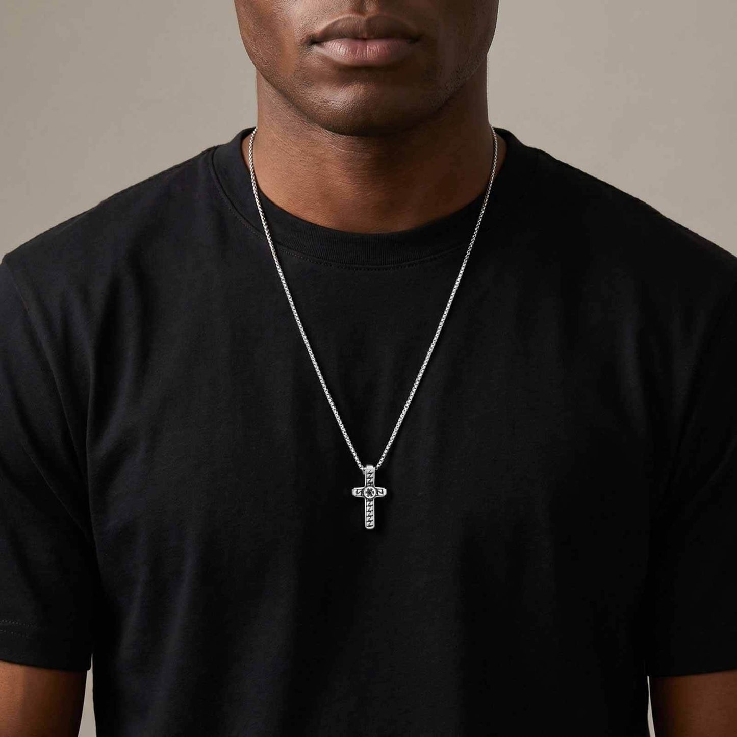 Kemston Stainless Steel Woven Texture Cross Pendant Necklace for Men PN-2394