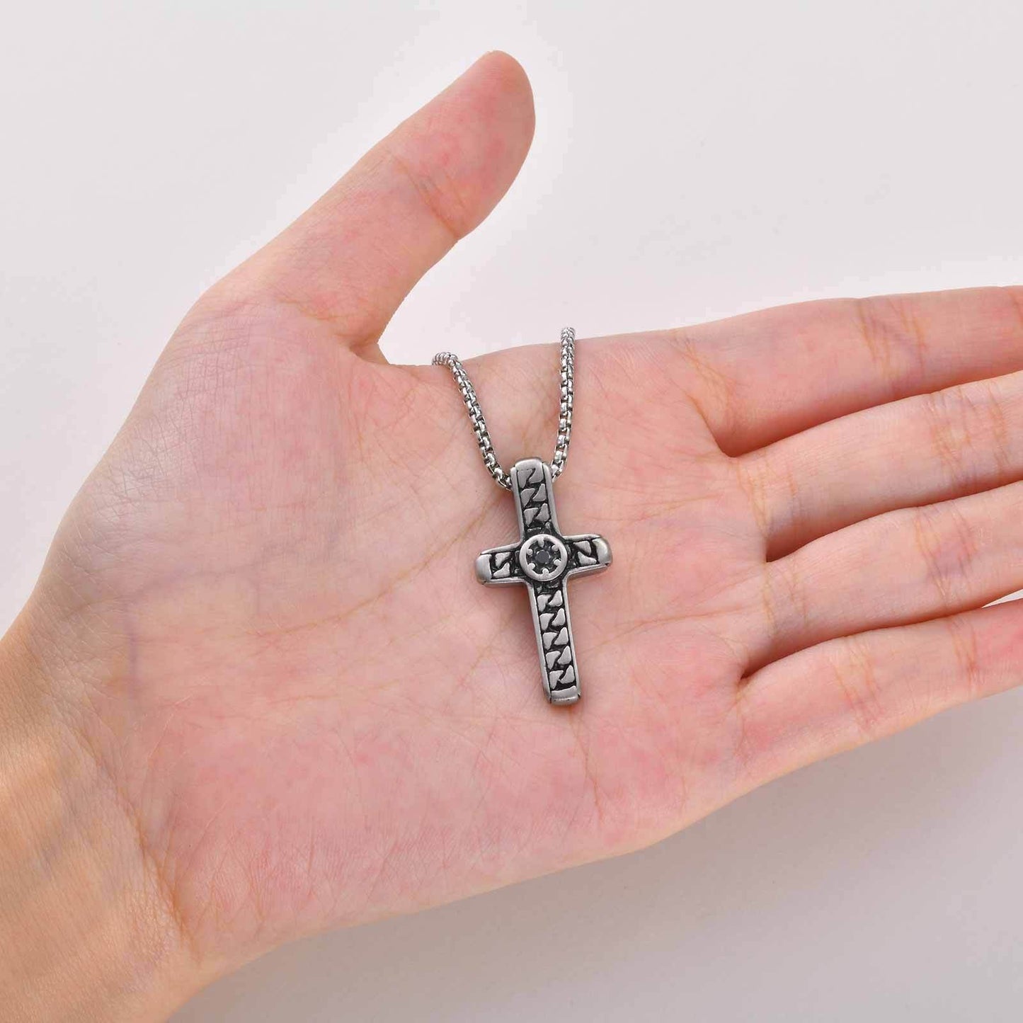 Kemston Stainless Steel Woven Texture Cross Pendant Necklace for Men PN-2394