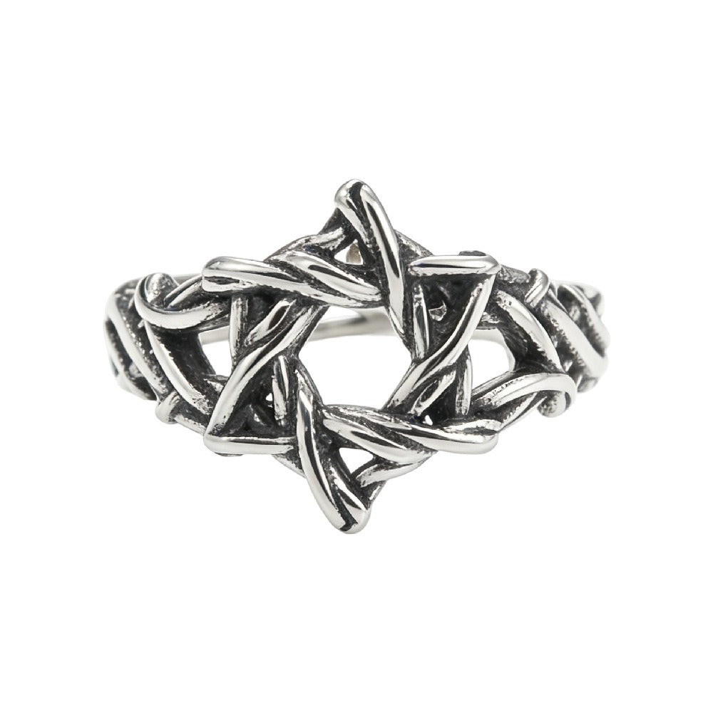 Kemstone Titanium Steel Woven Star Ring for Men Vintage Geometric Silver R1968