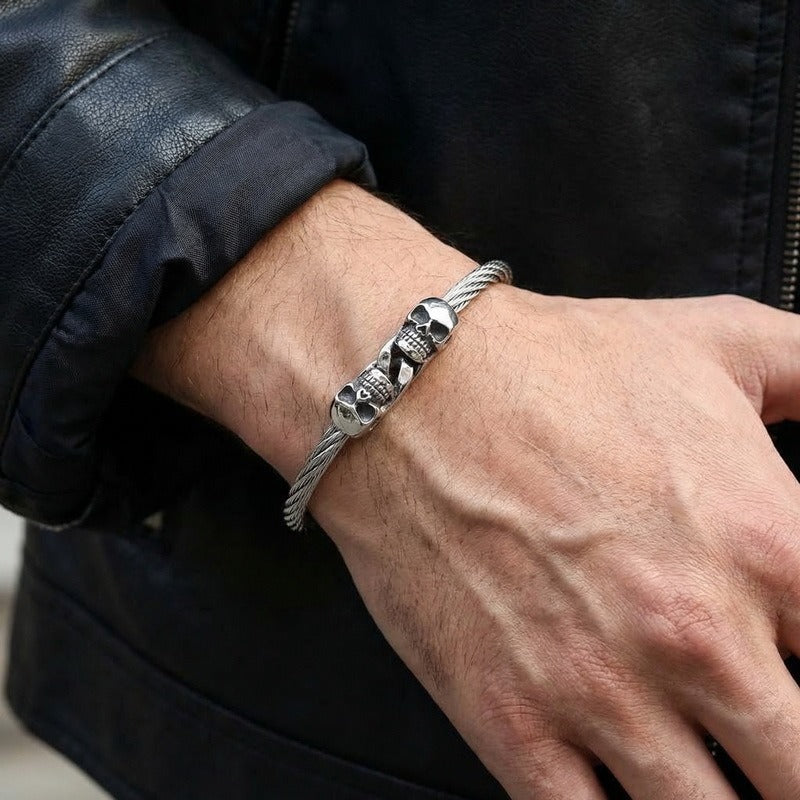 Kemstone Titanium Steel Double Skull Cable Bracelet for Men KB86274-BD